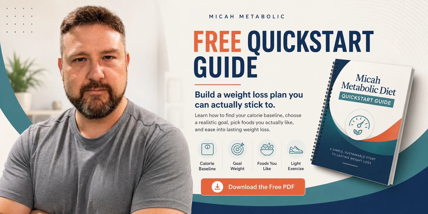 Micah Metabolic — Free Quickstart Guide. Build a weight loss plan you can actually stick to. Learn how to find your calorie baseline, choose a realistic goal, pick foods you actually like, and ease into lasting weight loss.