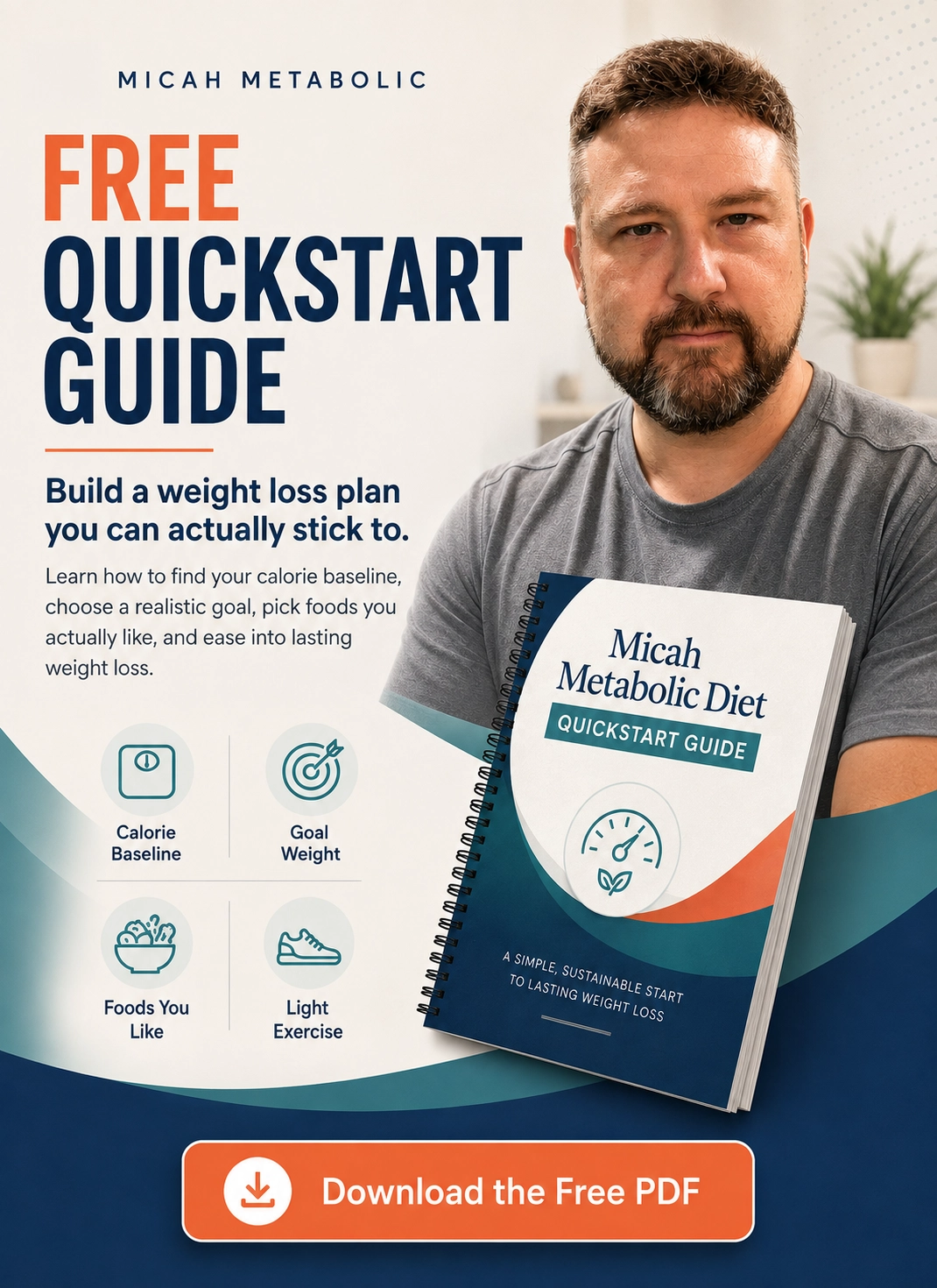 Micah Metabolic — Free Quickstart Guide. Build a weight loss plan you can actually stick to. Learn how to find your calorie baseline, choose a realistic goal, pick foods you actually like, and ease into lasting weight loss.